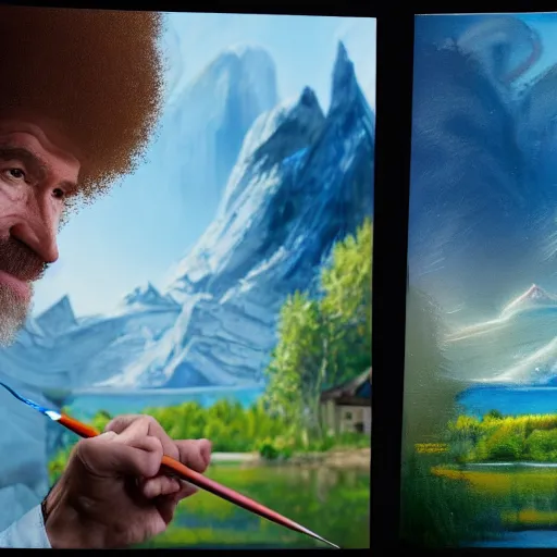 Image similar to a closeup photorealistic photograph of bob ross working on a canvas painting of spiderman. film still. brightly lit scene. mountains and trees. this 4 k hd image is trending on artstation, featured on behance, well - rendered, extra crisp, features intricate detail, epic composition and the style of unreal engine.