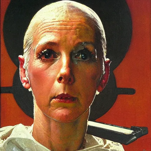 Prompt: Frontal portrait of a science fiction priestess. A painting by Norman Rockwell.