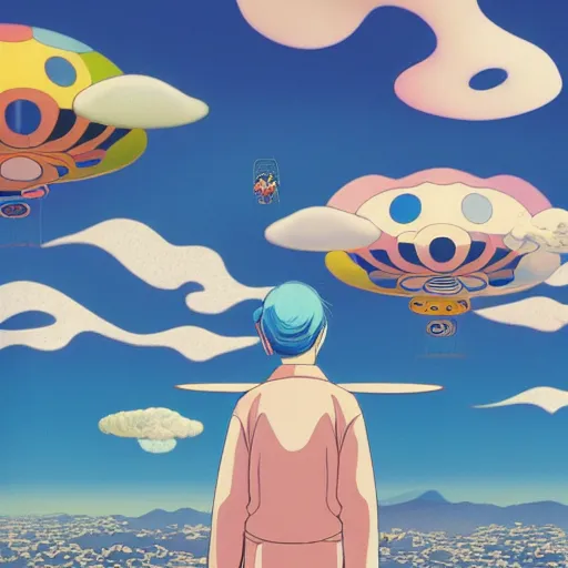 Image similar to a man walking on clouds away from the camera above kyoto by takashi murakami, beeple and james jean, aya takano color style, 4 k, super detailed, modern, 4 k, symmetrical