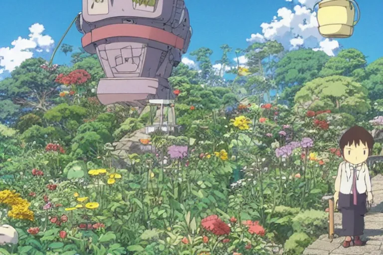 Image similar to still from the miyazaki anime film garden in the sky, a garden in the clouds, robot gardener, beautiful garden island, studio ghibli cartoon