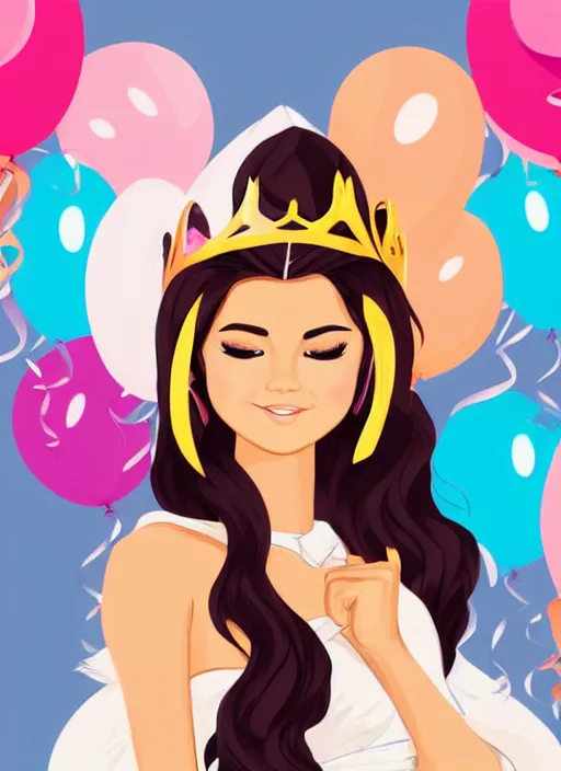 Image similar to woman resembling selena gomez dressed as a disney princess with a crown. balloons. clean cel shaded vector art. shutterstock. behance hd by lois van baarle, artgerm, helen huang, by makoto shinkai and ilya kuvshinov, rossdraws, illustration,