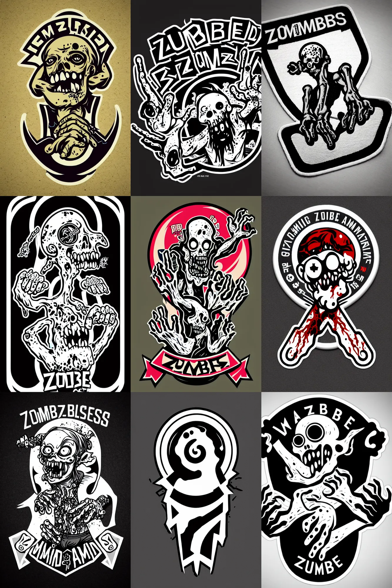 Prompt: logo design, zombie arms out in front, patch logo, by mcbess, high detail spiral design