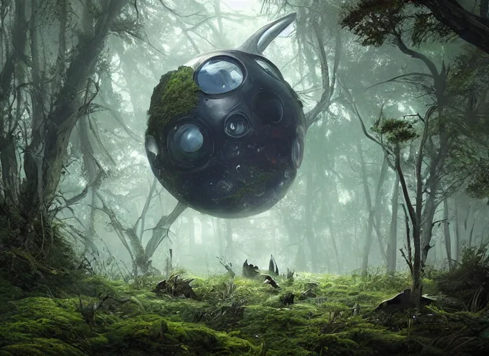 Prompt: wild overgrown forest, crashed spacecraft, dim lights, moss, weeds, mist by Raoul Vitale and Greg Rutkowski