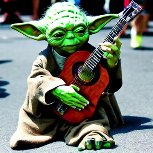 Prompt: Yoda playing guitar at Lollapalooza