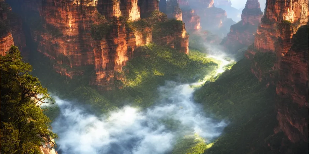 Image similar to Grand Canyon, Zhangjiajie National Forest Park, cinematic lighting, detailed oil painting, hyperrealistic, 8k