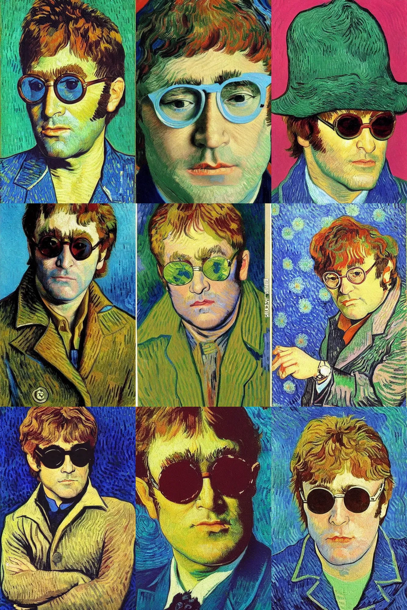 Prompt: Portrait of Elton John Lennon in 1970 by Van gogh