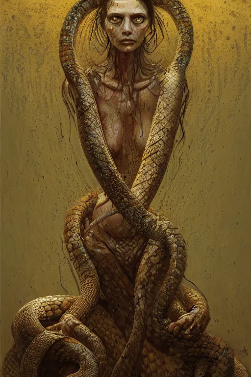 Prompt: an hiper intricate oil portrait of a snake godess, drip painting, excelent composition, wide shot, by zdzislaw beksinski, intricate, horror atmosphere, unreal engine 5 highly rendered, global illumination