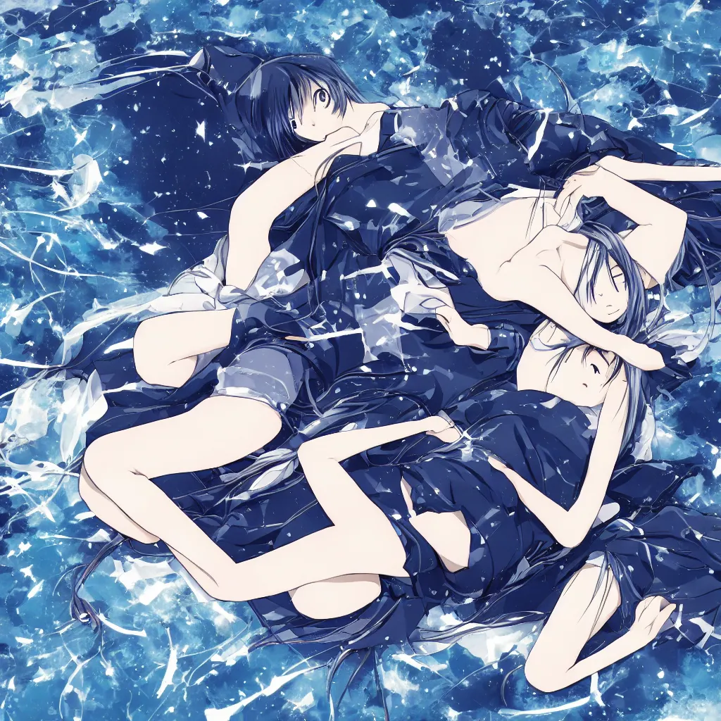 Image similar to high quality illustration of anime girl laying on the floor in an empty white void, drawn by yoshitoshi abe, dystopian, blueish tones