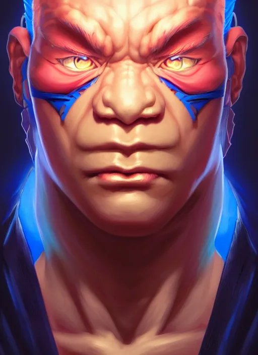 Image similar to symmetry!! portrait of blue akuma, street fighter, global illumination!! intricate, elegant, highly detailed, digital painting, artstation, concept art, smooth, sharp focus, illustration, art by artgerm and greg rutkowski and alphonse mucha