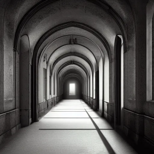 Image similar to a long shadowy asylum hallway, arched ceiling, one point perspective, vanishing point, symmetrical composition, rich colors, dramatic lighting, by lee madgwick, photorealistic, v - ray render 8 k uhd