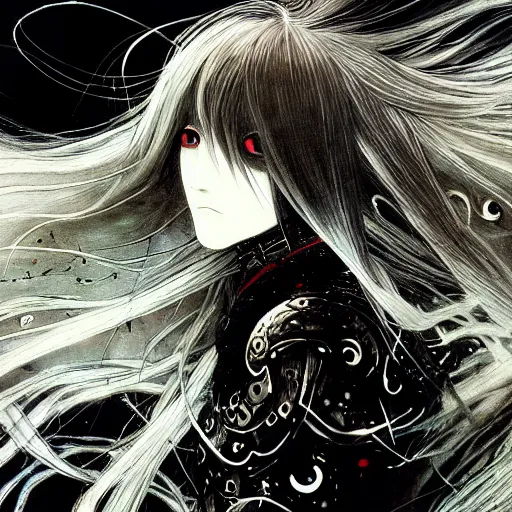 Image similar to Yoshitaka Amano blurred and dreamy illustration of an anime girl with wavy white hair and cracks on her face wearing Elden ring armour with the cape fluttering in the wind, abstract black and white patterns on the background, noisy film grain effect, highly detailed, Renaissance oil painting, weird portrait angle