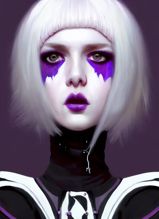 Image similar to portrait of white teenage girl, normal face, white bangs, mall goth, cyberlox, black and white hair, bangs, fluffy bangs, red contact lenses, purple lipstick, intricate, elegant, highly detailed, digital painting, artstation, concept art, sharp focus, smooth, illustration, art by wlop, mars ravelo and greg rutkowski