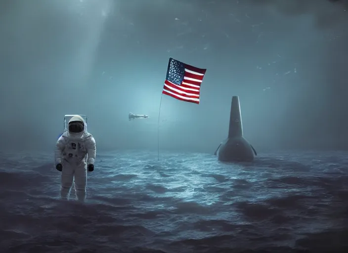 Image similar to astronaut holding a flag in an underwater desert. a submarine is visible in the distance. dark, concept art, cinematic, dramatic, atmospheric, 8 k, trending on artstation, blue, fish, low visibility, fog, ocean floor, christopher nolan, interstellar