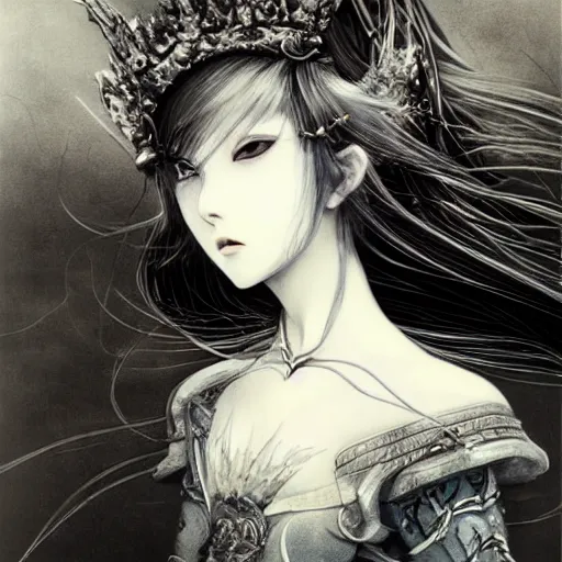 Prompt: yoshitaka amano blurred and dreamy artwork of a manga girl with black eyes, wavy white hair fluttering in the wind wearing elden ring armor and crown with engraving, highly detailed face, abstract black and white patterns on the background, noisy film grain effect, highly detailed, renaissance oil painting, weird portrait angle, blurred lost edges, three quarter view