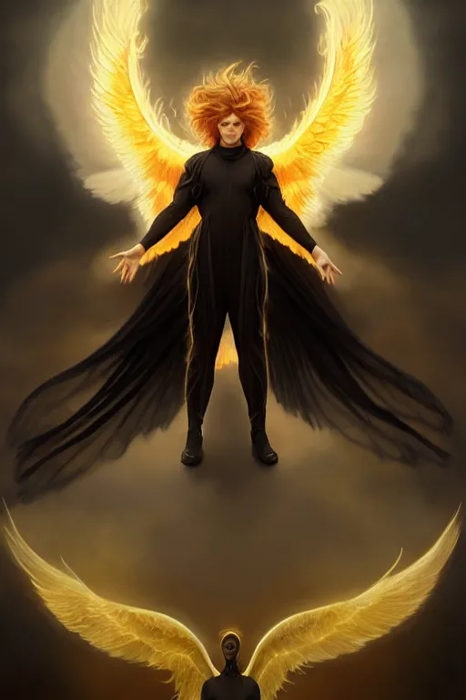 Prompt: symmetrical fullbody portrait of a beautiful young fit male angel with curly blond hairs, fulldressed in long fluent black clothes, majestic big red demonic wings, luminous fire halo, by greg rutkowski and alphonse mucha, gradient white to gold, in front of a smoky background, highly detailed portrait, digital painting, artstation, concept art, smooth, sharp focus illustration