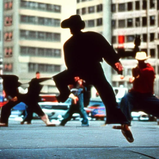 Image similar to film still of the 1995 movie 'Kung-Fu Cowboys of NYC'. Exciting kung-fu action scene. Sigma 85mm f/8