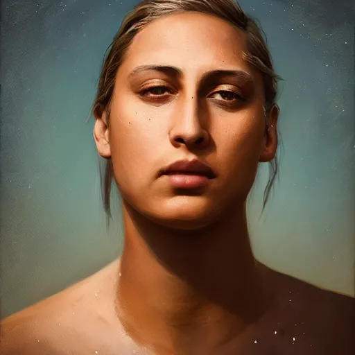 Image similar to Rhea Ripley, cinematic lighting, beautiful, elegant, oil painting, cinematic, portrait, Raphaelite, headroom, headshot photograph, 8K, trending on artstation, volumetric light, lightrays, smoke, cinematic, atmospheric, octane render, Flickr, filmic, CryEngine