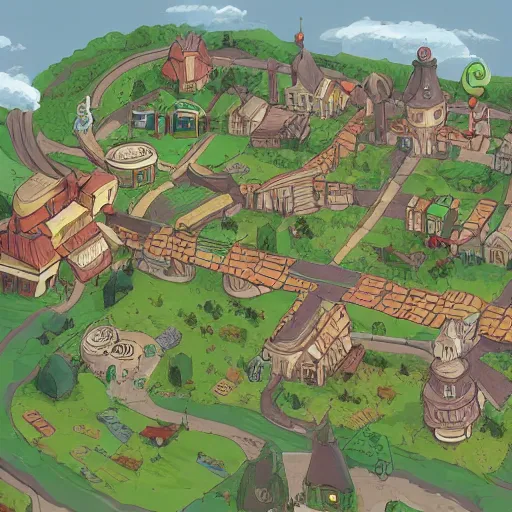 Prompt: a town map with town hall and playground, artstation, concept art, ghibli