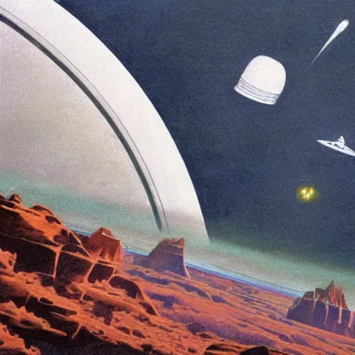 Prompt: a very detailed, majestic painting of an alien ocean world with explorers flying by chesley bonestell