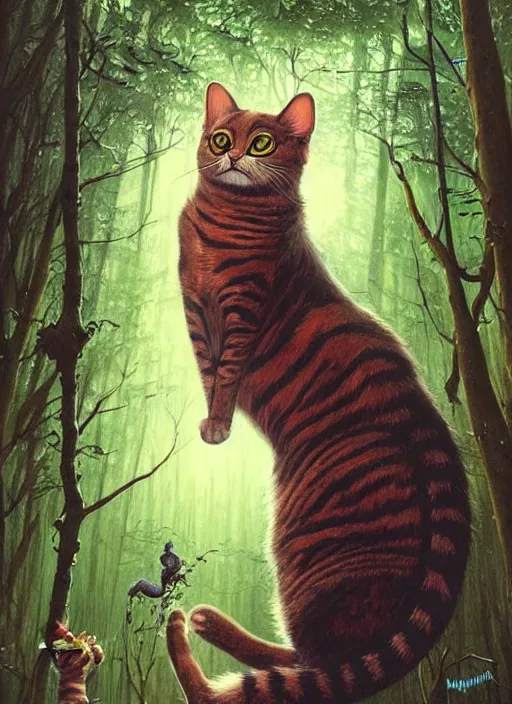 Image similar to a hyper realistic illustrated cat with happy lighting playing in the woods gorgeous lighting, sunbeams blue sky, lush forest foliage painting by chiara bautista and beksinski and norman rockwell and greg rutkowski weta studio, and lucasfilm