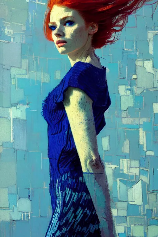 Image similar to portrait of a beautiful girl, redhead, shades of blue, beautiful face, rule of thirds, intricate outfit, spotlight, by greg rutkowski, by jeremy mann, by francoise nielly, by van gogh, digital painting