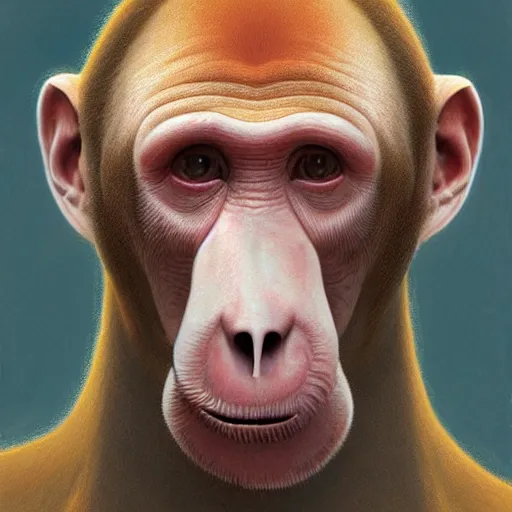 Image similar to vladimir putin, anthropomorphic proboscis monkey vladimir putin hybrid, vladimir putin transformation, macabre, horror, by donato giancola and greg rutkowski and wayne barlow and zdzisław beksinski, realistic face, visible face, digital art