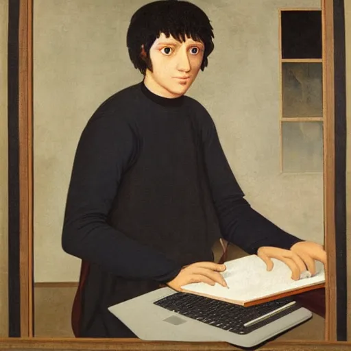 Image similar to portrait of a shaggy black haired teenager with a black colored sweater with a laptop, full body, renaissance painting, ultra detailed, high resolution, masterpiece