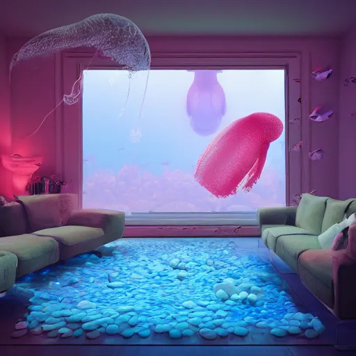 Image similar to the realistic photo of the modern room as aquarium with a big jellyfish and corals, realistic colors, realistic shadows, daylight made in blender, hd, 3 d by beeple and damian hirst