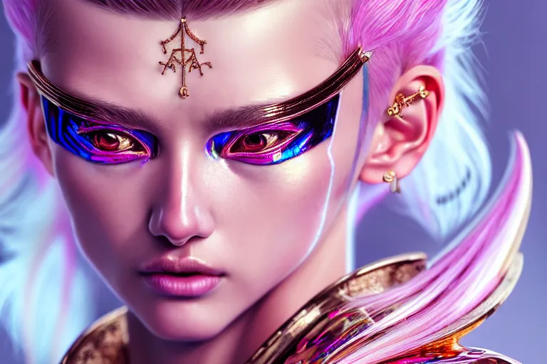 Image similar to hyperdetailed portrait of a stunningly beautiful german girl androgynous guard made of iridescent metals, shiny pink gems, inspired by ross tran and wlop and masamune shirow and kuvshinov, concept art, intricate, photorealistic, octane render, rtx, hdr, unreal engine, dnd digital art by artgerm