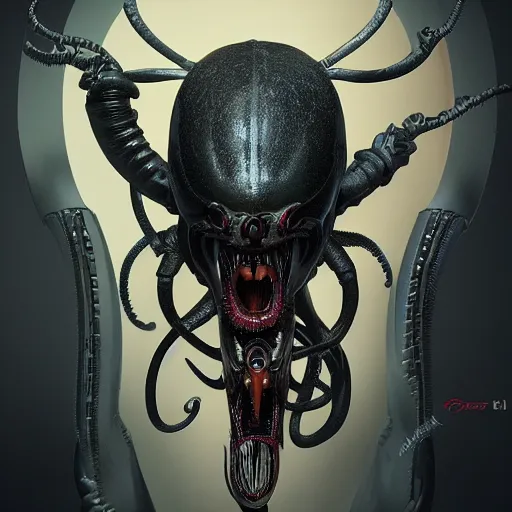 Image similar to mickey mouse xenomorph chimera lurkin in dark room portrait, round ears, designed by h. r. giger, highly intricate detailed 8 k ultrarealistic octane render by artgerm and rutkowski and mucha