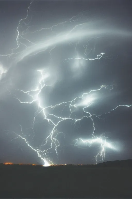 Image similar to cinestill of a huge electricity tornado, scary, intense, storm photography