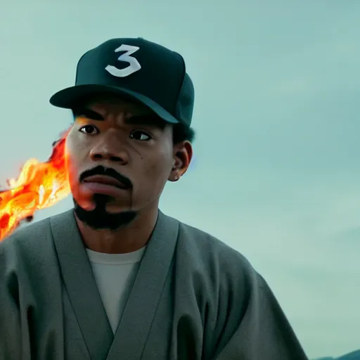 Image similar to cinematic film still of Chance The Rapper starring as a Samurai holding fire, Japanese CGI, VFX, 2022, 40mm lens, shallow depth of field, film photography