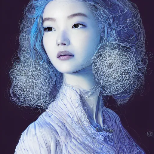 Image similar to the portrait of a blueberry that resembles an absurdly beautiful, graceful, elegant, sophisticated irene bae woman, an ultrafine hyperdetailed illustration by kim jung gi, irakli nadar, intricate linework, bright colors, octopath traveler, final fantasy, unreal engine 5 highly rendered, global illumination, radiant light, detailed and intricate environment