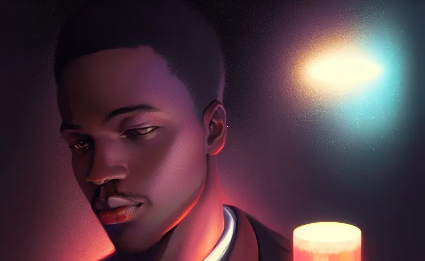 Image similar to portrait of handsome black genius staring intently in front of floating three dimensional holographic displays, elegant atmosphere, glowing lights, highly detailed, digital painting, artstation, concept art, smooth, sharp focus, illustration, art by wlop, mars ravelo and greg rutkowski