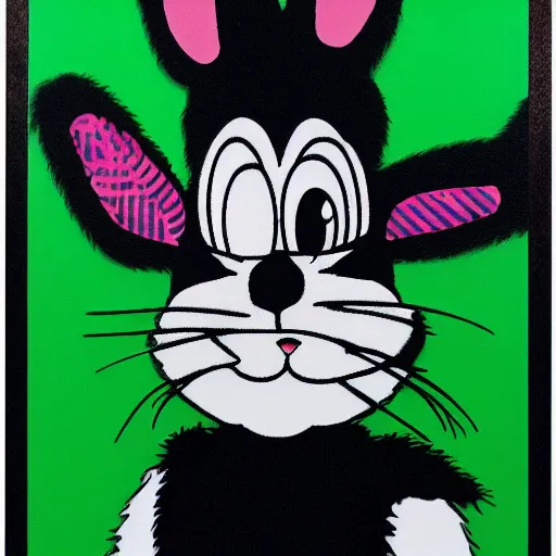 Image similar to individual furry bugs bunny silk screen portrait banksy style