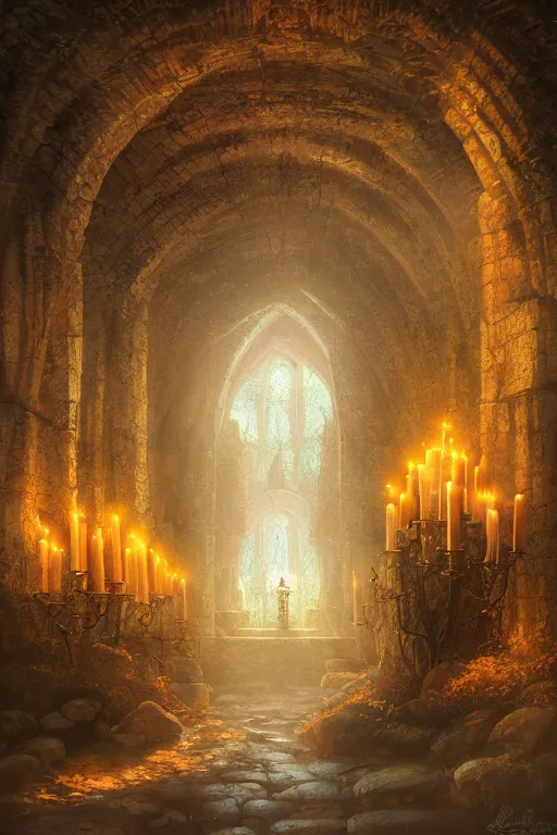 Prompt: Detailed Interior of Monastery Ruins, Autumn Tree Wall, light of god, light shafts, candles, stunning atmosphere, in Style of Peter Mohrbacher, cinematic lighting