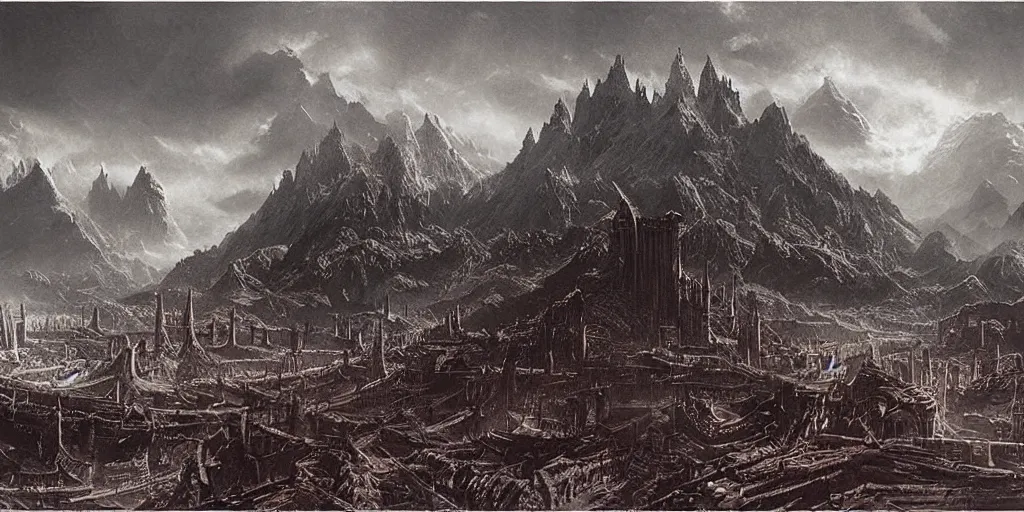 Prompt: “matte painting, helms deep, Bruce Pennington”