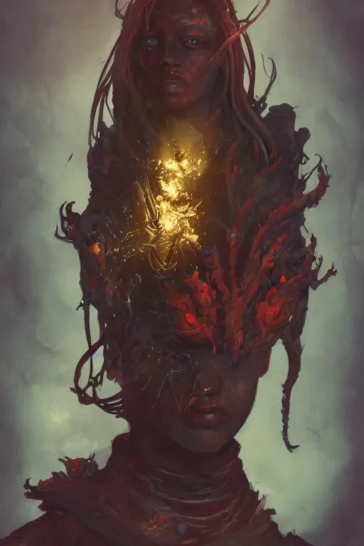 Image similar to Warlock art by Tony Diterlizzi, by Wangechi Mutu, by WLOP, Illustration, DSLR, Warm Color Palette, 3D, Super-Resolution, Moody Lighting , Trending on artstation, artstationHD, artstationHQ, 4k, 8k