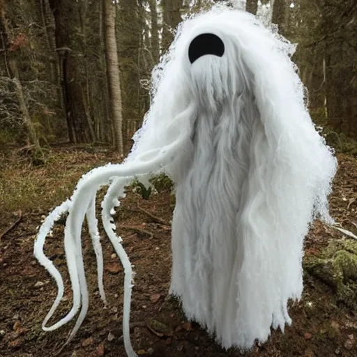 Image similar to a peaceful fluffy humanoid ethereal ghostly live action muppet wraith like alien figure with a squid shaped parasite overtaking its head with four long tentacles for arms that flow gracefully at its sides while it floats around the frozen woods searching for lost souls and that hide in the shadows in the trees, this character can control the ice and snow and has mastery of the shadows and electrokinesis, it is a real muppet by sesame street, photo realistic, real, realistic, felt, stopmotion, photography, sesame street