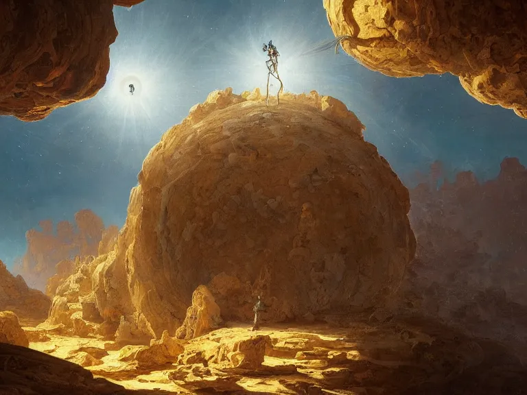 Image similar to an oil painting of an alien planet with a fractal crystal floating above the ground reflecting light in a desert canyon by carl spitzweg and tuomas korpi. baroque elements, full-length view. baroque element. intricate artwork by caravaggio. Trending on artstation. 8k