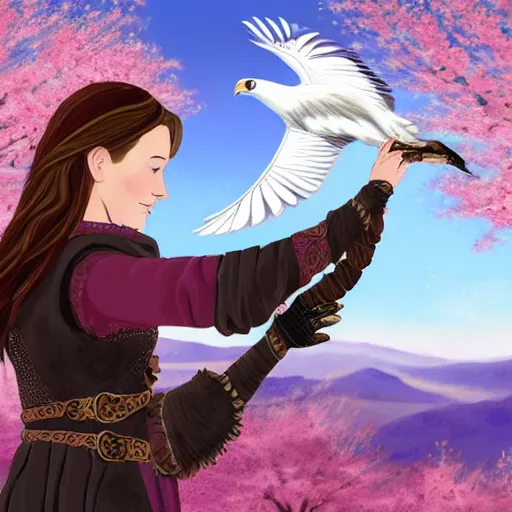 Image similar to a celtic woman falconer catching a white falcon on her arm. behind her are pink mountains, puffy clouds, and cherry blossoms blowing in the wind. concept art.