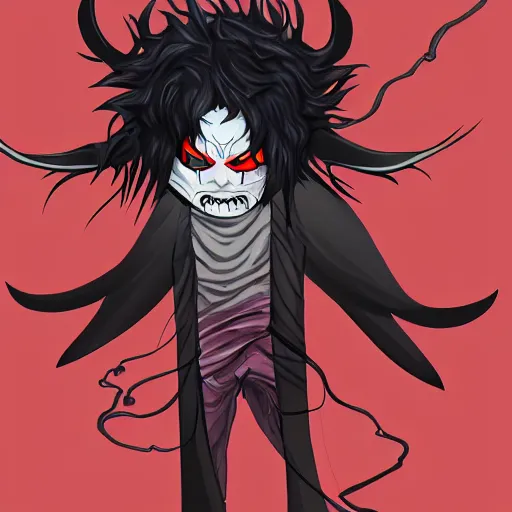 Prompt: Demon boy, yokai, vantablack cloak, red eyes, electrified hair, upturned hair, digital art, trending on Artstation