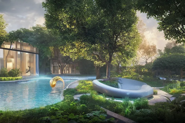 Image similar to serene garden with pool and rounded futuristic housing in the background, hyper realistic, ambient lighting, concept art, intricate, hyper detailed, smooth, dynamic volumetric lighting, octane, raytrace, cinematic, high quality, high resolution, 4 k, cgsociety, rutkowski, gurney