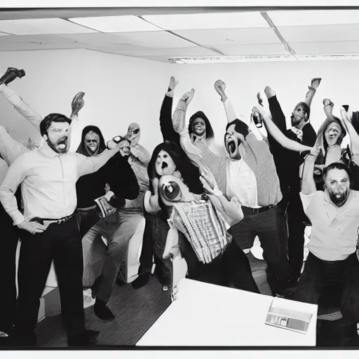 Prompt: ad agency people freaking out at work, screaming yelling, throwing things. medium format photograph.