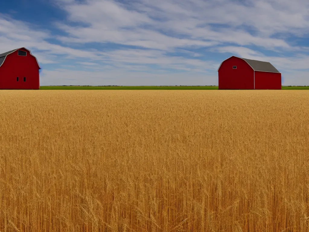 Image similar to An isolated red barn next to a wheat crop at noon. Wide angle shot, surreal.