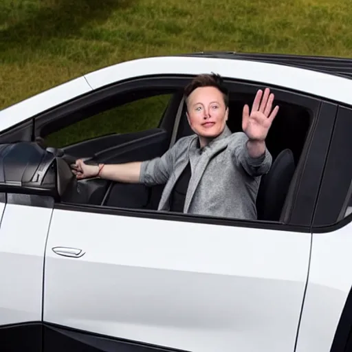 Image similar to Elon Musk waving out the driver's side window of a Rivian