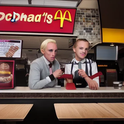 Image similar to Two different people sitting at a booth in McDonalds, one of the people is Draco Malfoy, the other character is Eddie Munson, McDonalds interior background, photo