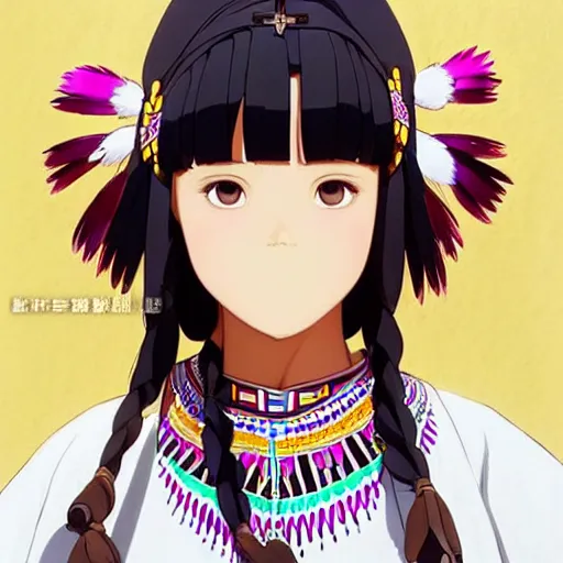 Image similar to a beautiful! plus sized native women instagram model, brown skin, wearing elegant catholic school girl designer fashion with mayan pattern and native style, aztec street fashion, gapmoe yandere grimdark, trending on pixiv fanbox, painted by greg rutkowski makoto shinkai takashi takeuchi studio ghibli, akihiko yoshida