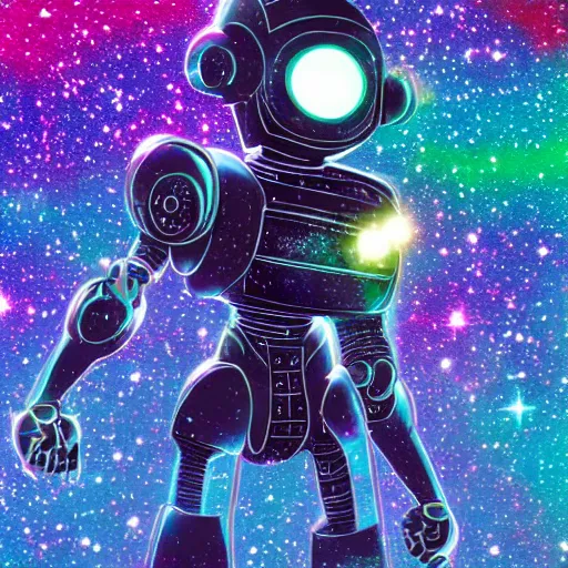 Image similar to sentient robot comprised of star dust and galaxies with a meteor belt halo, rainbow diffraction, anime, vhs distortions