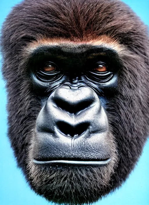 Image similar to platon closeup photograph of harambe in a suit, photorealistic, studio lighting, ektachrome, detailed, intricate, face detail